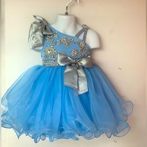 9/12 Months Blue Beaded Southern Cupcake Babydoll Pageant Dress & Bow NWT